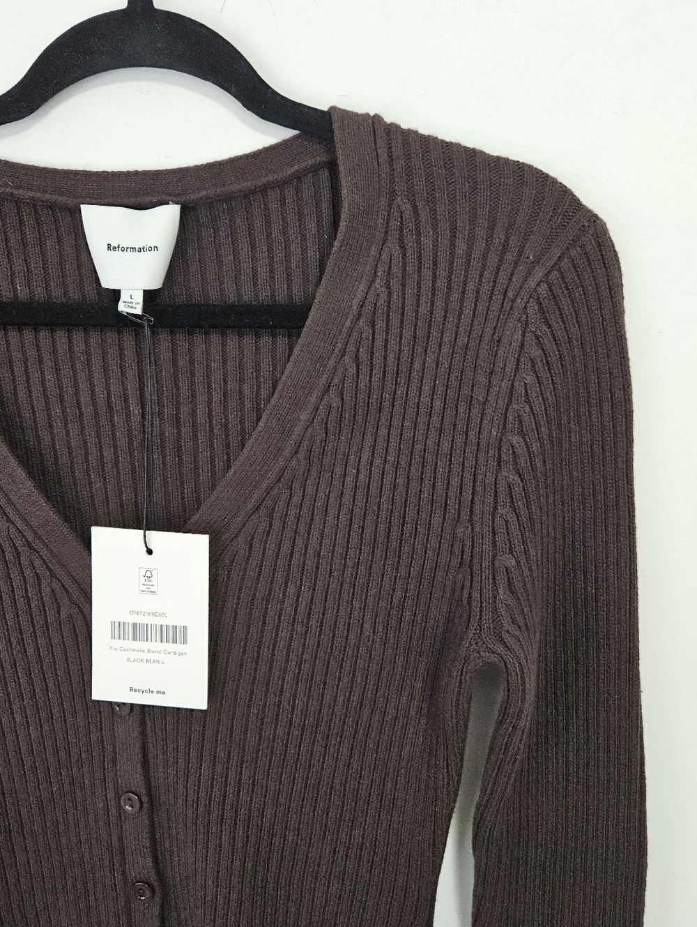 SOLD NWT Reformation Fia Cotton Cashmere Blend Cardigan Sz L Brown Ribbed - Picture 7 of 13